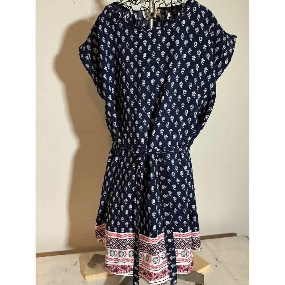 Pink Rose Navy Americana Floral Border Print Belted Dress PS613226 Large NEW